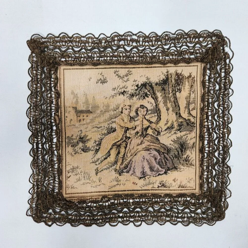 8.25in French Tapestry Doilies Lot of 2 Romantic Courting Scenes Crochet France